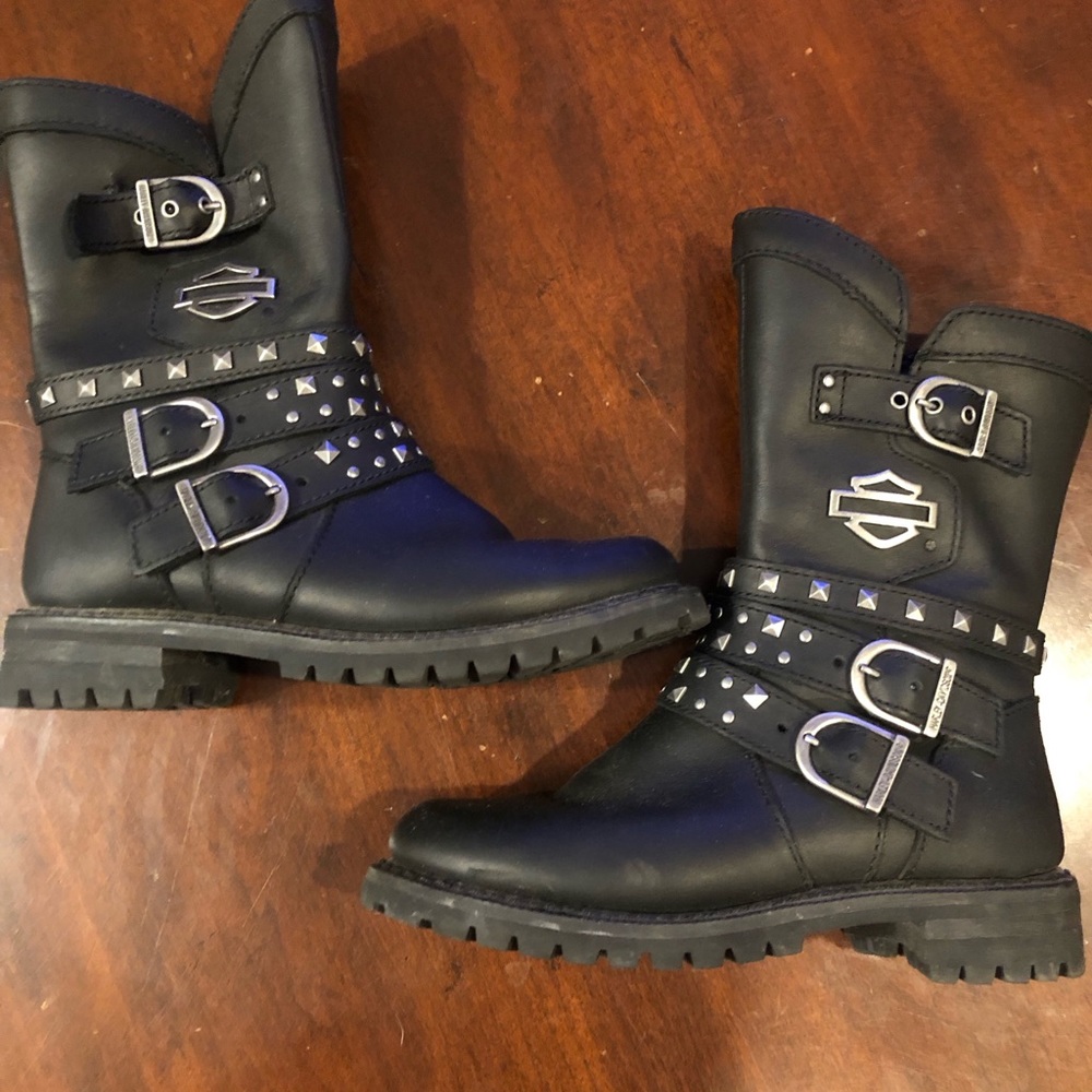 Harley Davidson Woman's Leather Boots Black Adrian Side Zip Buckle Studs 6M